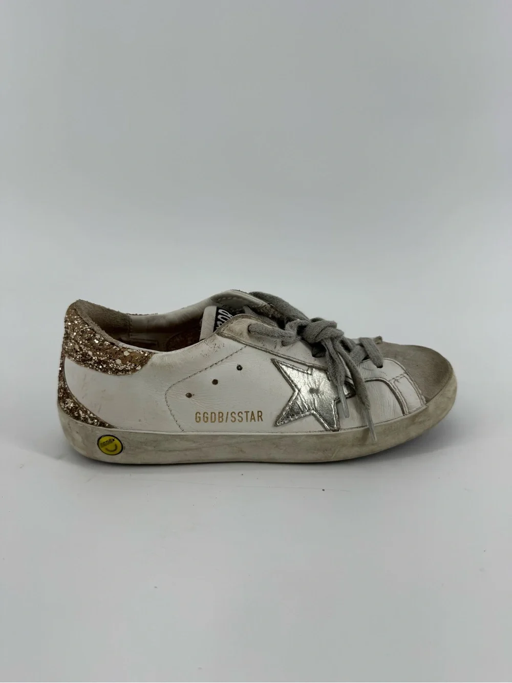 Kids Golden Goose White & Silver Superstar Sneaker with Gold Glitter Heel